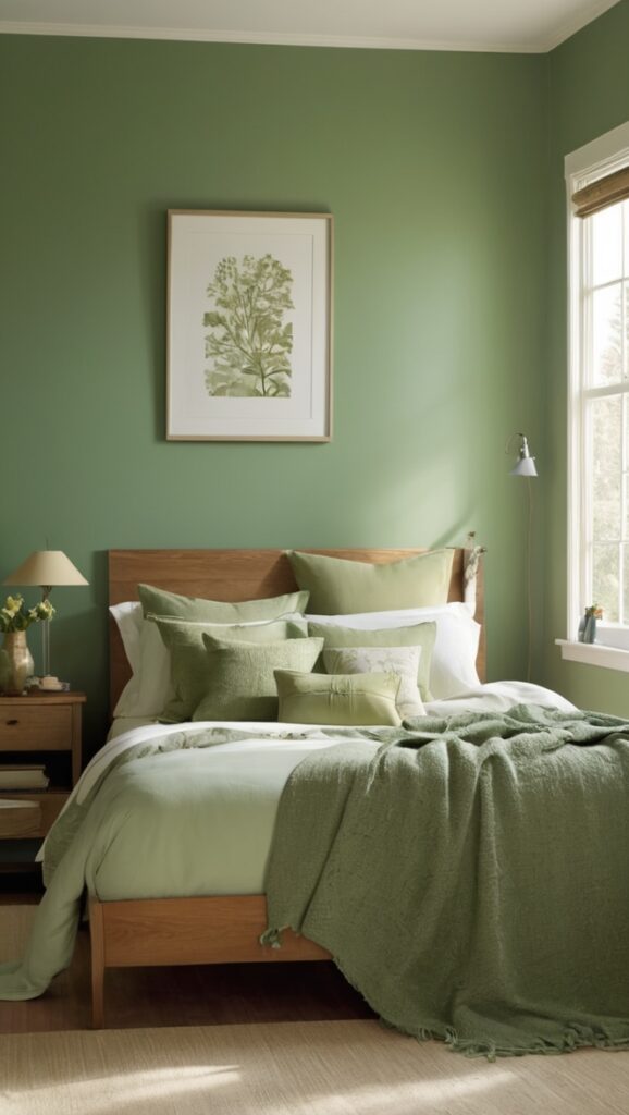 moody green decor, moody green wall paint, moody green bedroom ideas, dark green bedroom, lush green bedroom