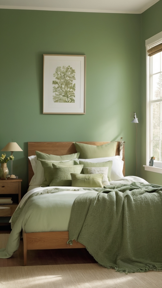 moody green decor, moody green wall paint, moody green bedroom ideas, dark green bedroom, lush green bedroom 