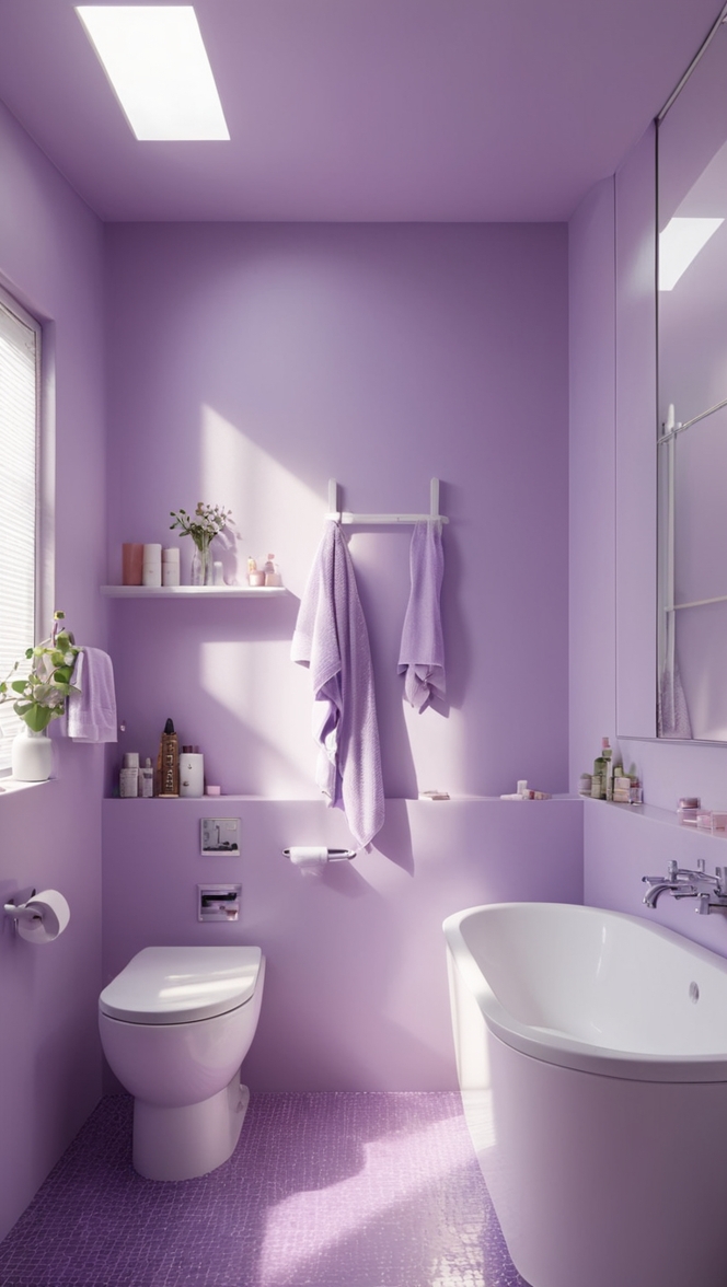 purple bathroom decor, modern bathroom design, luxury shower tiles, custom vanity design, elegant bathtub fixtures 