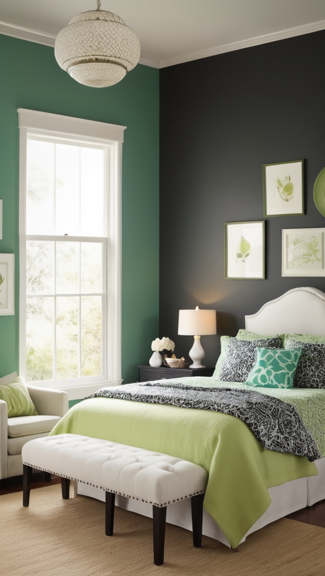 green black bedroom, black and green decor, black and green furniture, dark green bedroom, black and green color scheme