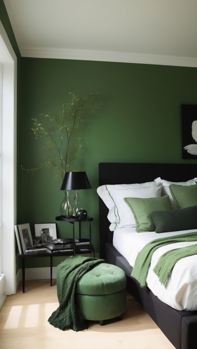 green black bedroom, black and green decor, black and green furniture, dark green bedroom, black and green color scheme 