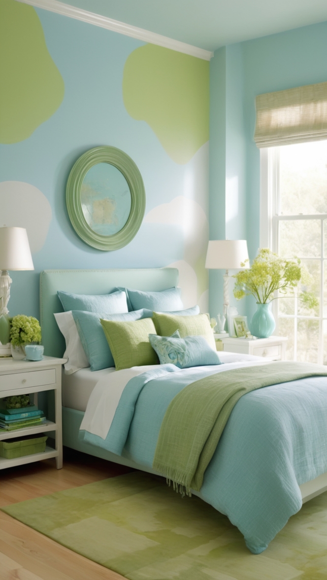 blue bedroom decor, green bedroom ideas, blue and green bedding, turquoise bedroom decor, mint green bedroom 