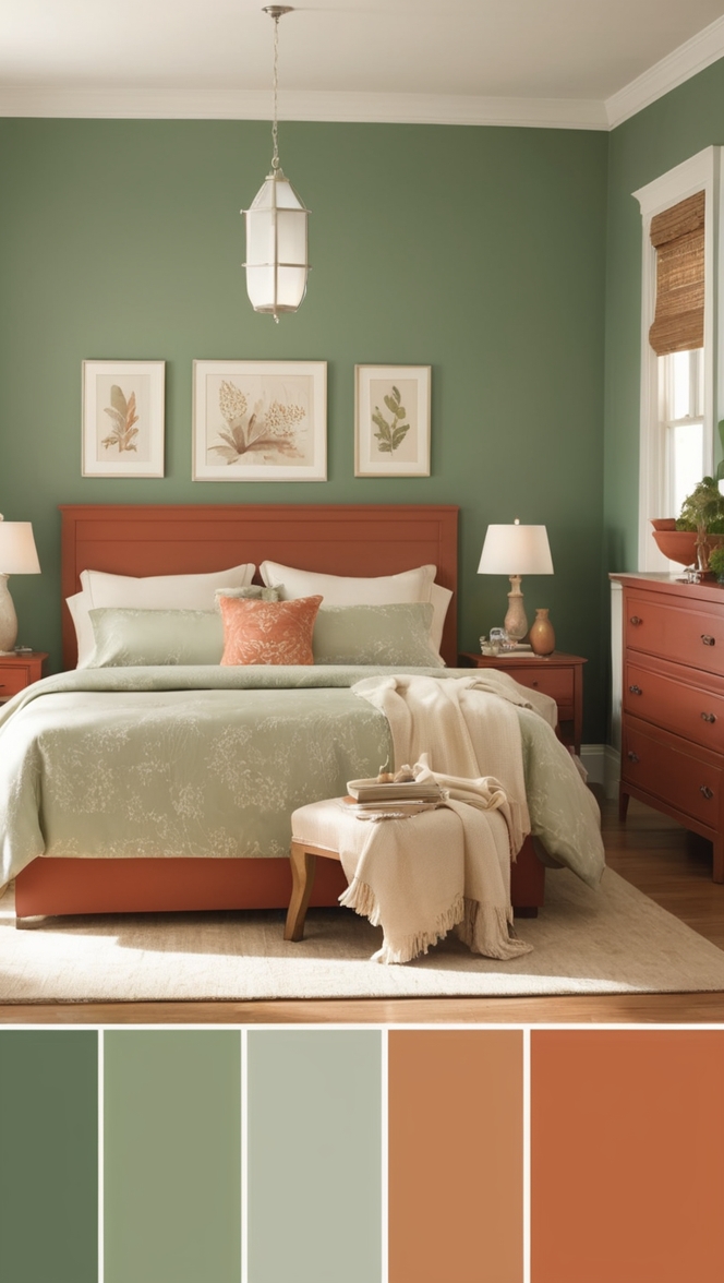 green and terracotta bedding, terracotta bedroom decor, green and terracotta curtains, terracotta bedroom furniture, green and terracotta paint palette