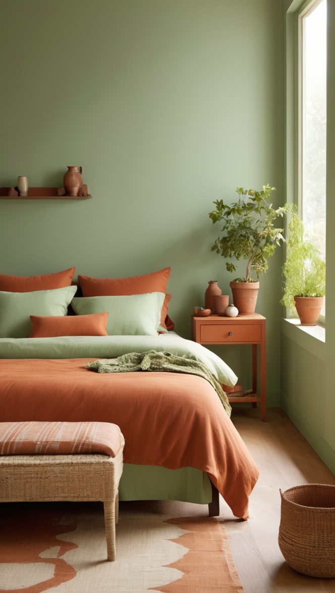 green and terracotta bedding, terracotta bedroom decor, green and terracotta curtains, terracotta bedroom furniture, green and terracotta paint palette 