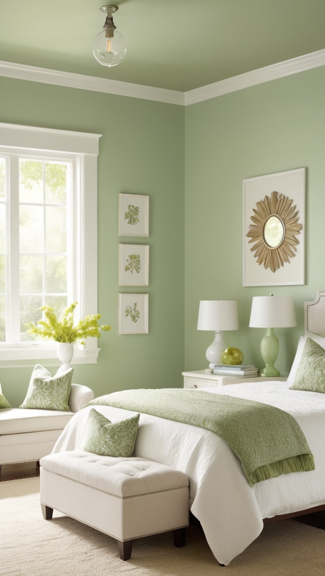 green bedroom decor, white bedding, bedroom renovation ideas, modern bedroom design, interior design inspiration