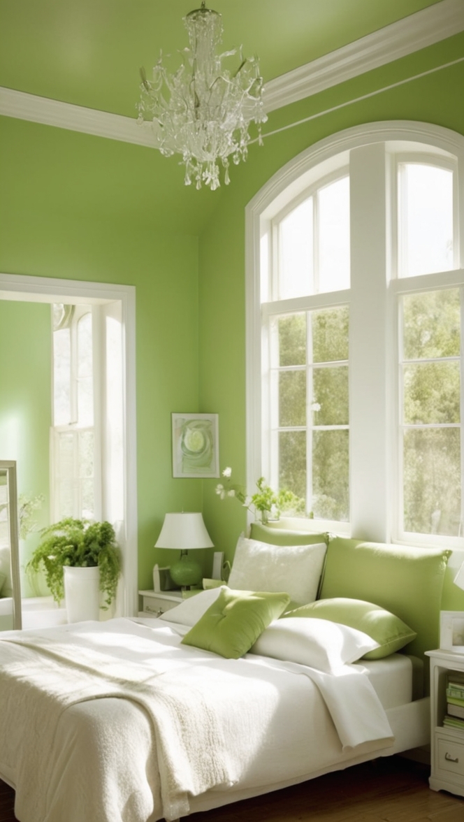 green bedroom decor, white bedding, bedroom renovation ideas, modern bedroom design, interior design inspiration 