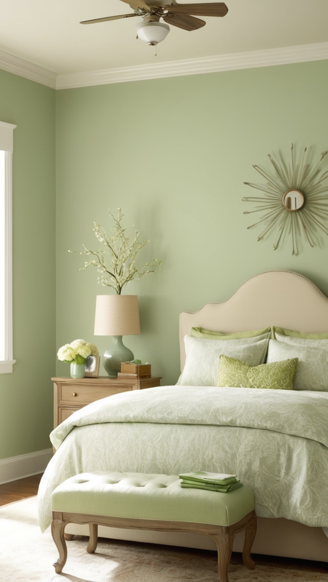 light green paint, light green walls, light green decor, light green bedding, light green bedroom furniture