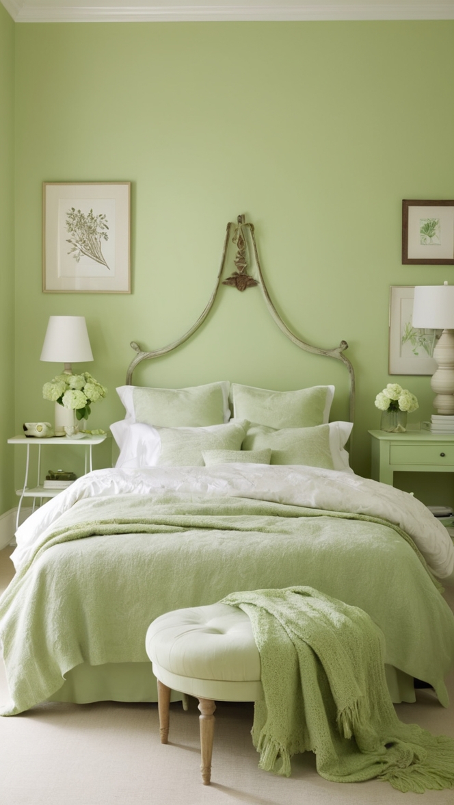 light green paint, light green walls, light green decor, light green bedding, light green bedroom furniture 