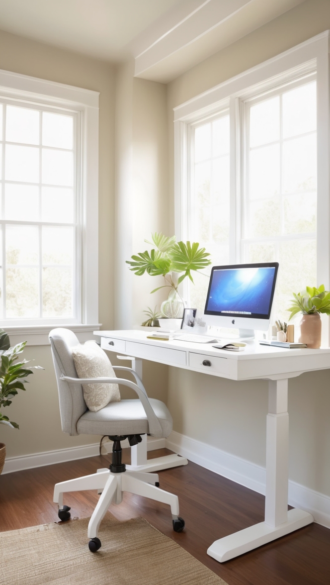 white desk, standing desk, home office furniture, adjustable desk, ergonomic desk