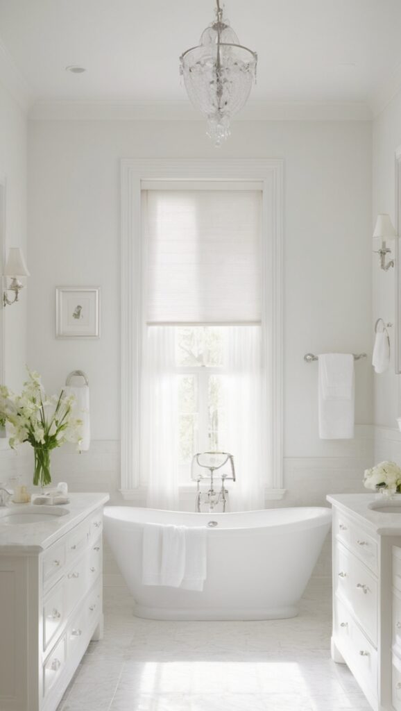 bathroom renovation, white bathroom design, luxury bathroom remodel, modern bathroom makeover, elegant bathroom decor