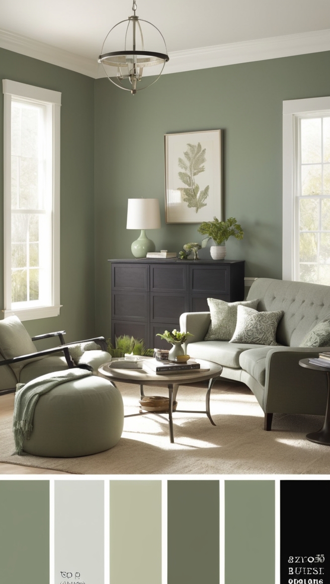 black and white living room, green living room decor, sage green interior design, elegant living room decor