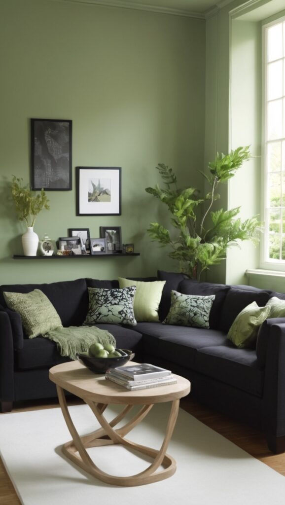 black and white living room, green living room decor, sage green interior design, elegant living room decor