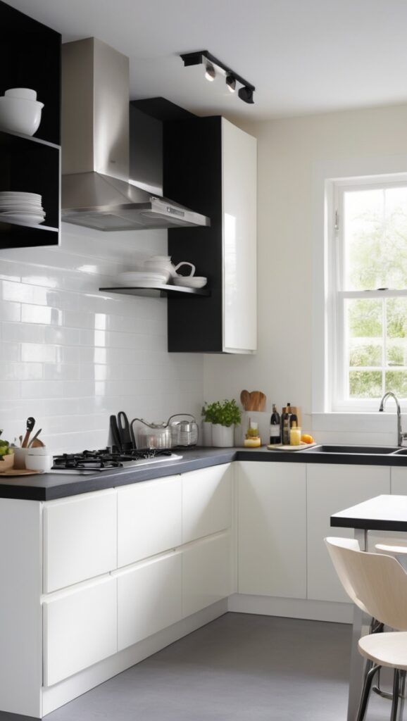 modern black and white kitchen design, luxury black and white kitchen cabinets, high-end monochrome kitchen remodeling, premium black and white kitchen countertops, upscale black and white kitchen lighting ideas