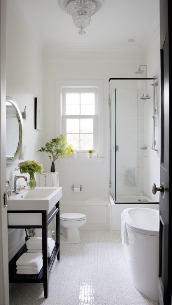 compact bathroom design, minimalist bathroom decor, monochrome small bath, sleek bathroom tiles, contemporary powder room