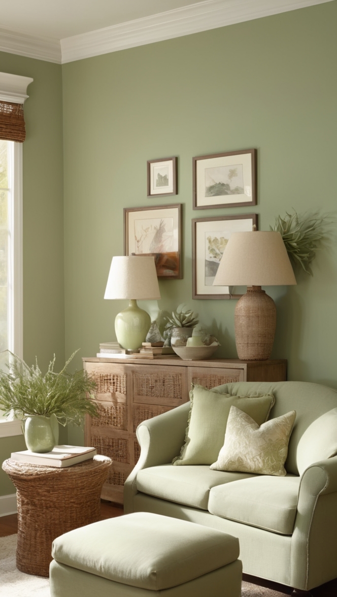 sage green decor, stylish living room, modern home design, cozy interior design, elegant furnishings