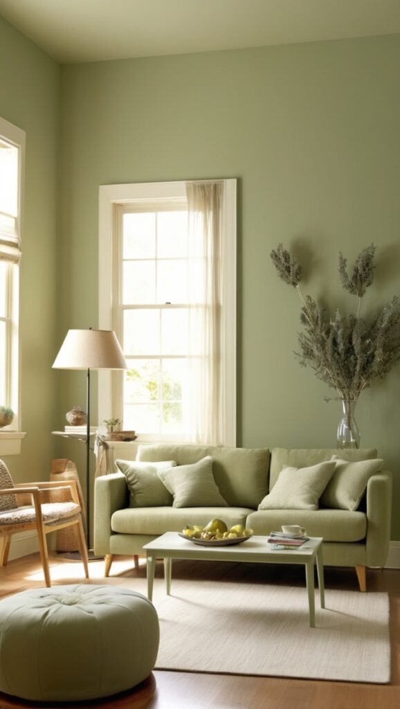 sage green decor, stylish living room, modern home design, cozy interior design, elegant furnishings