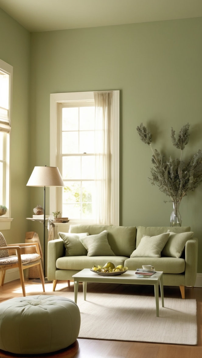 sage green decor, stylish living room, modern home design, cozy interior design, elegant furnishings 