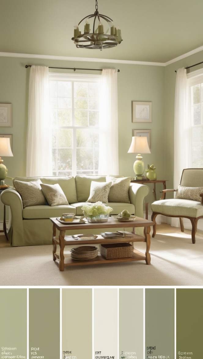 cream colored sofa, 
sage green decor, 
living room furniture, 
sage green walls, 
cream and sage curtains