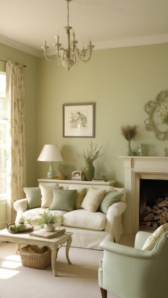 cream colored sofa, sage green decor, living room furniture, sage green walls, cream and sage curtains
