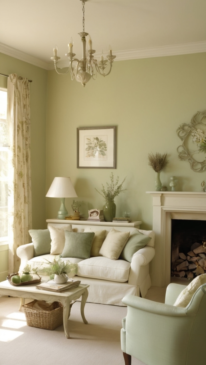 cream colored sofa, 
sage green decor, 
living room furniture, 
sage green walls, 
cream and sage curtains 