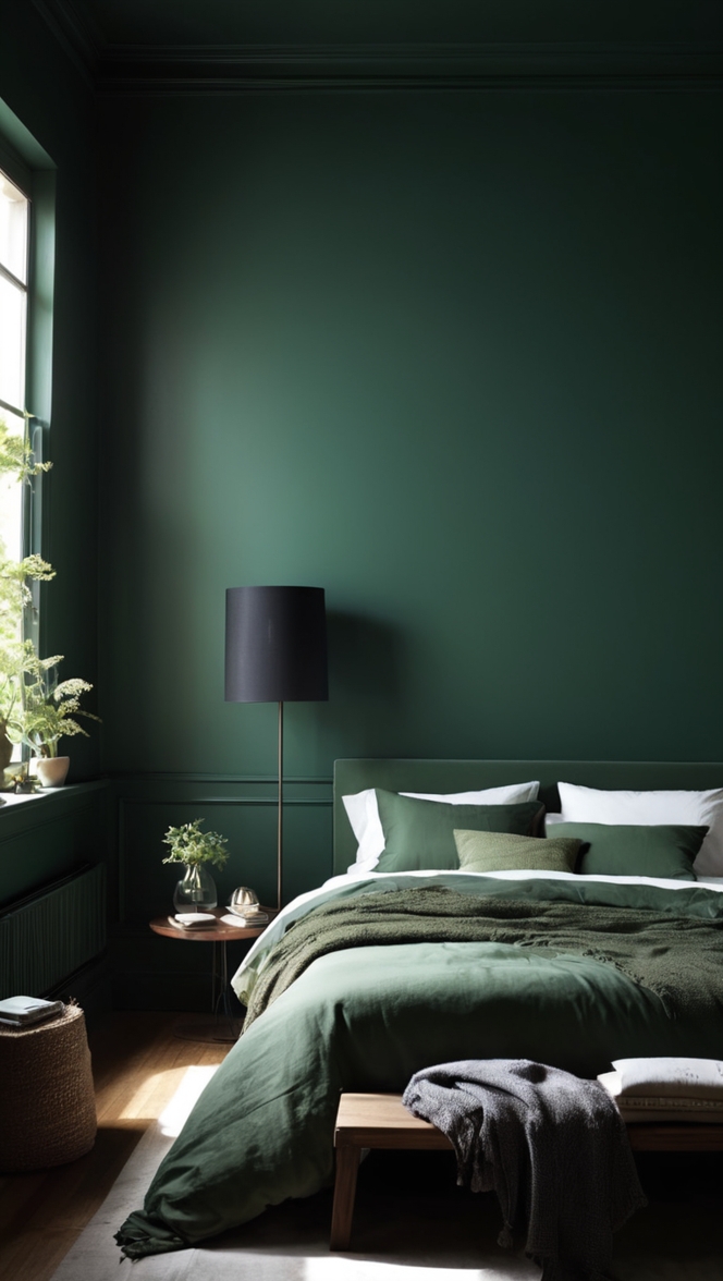 dark green bedroom decor, moody bedroom ideas, luxury dark bedroom, elegant bedroom designs, luxurious green bedroom 