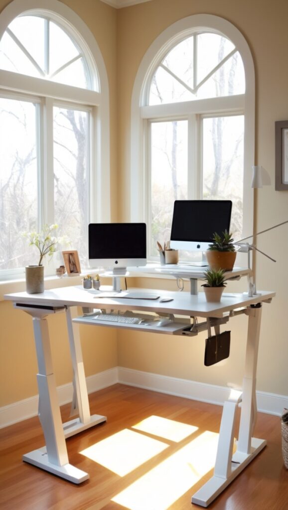 standing desk, adjustable height desk, ergonomic office furniture, sit-stand workstation, standing desk converter