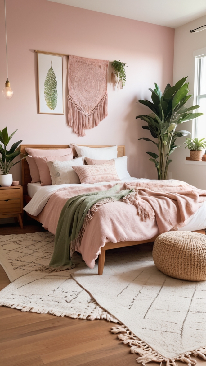 bohemian bedroom decor, boho bedding, earthy home decor, natural fiber rugs, neutral color palette 