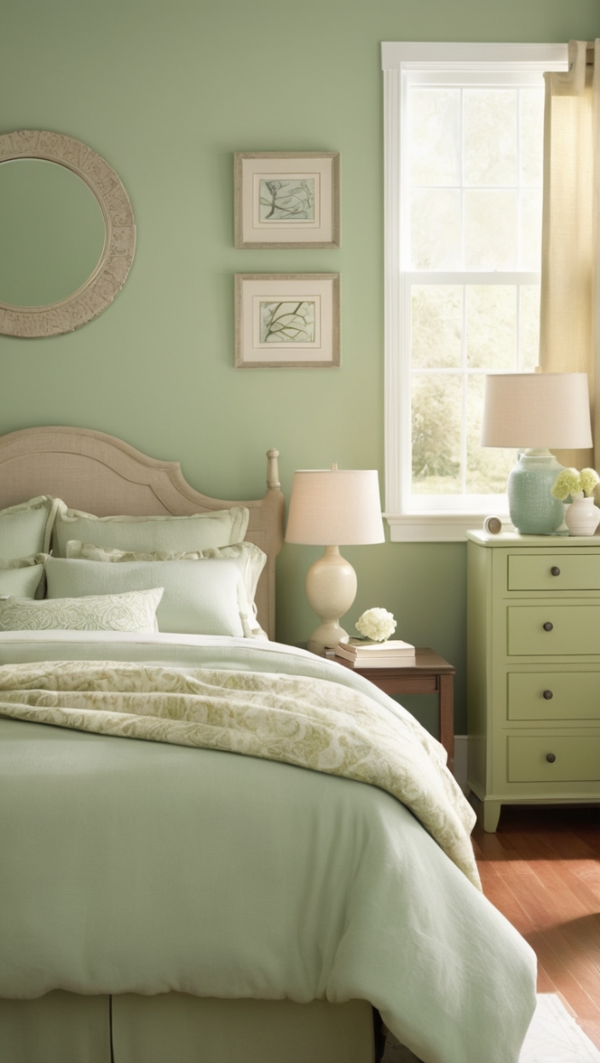Green bedroom decor, Beige upholstered bed, Neutral color palette, Earthy bedroom design, Serene bedroom oasis