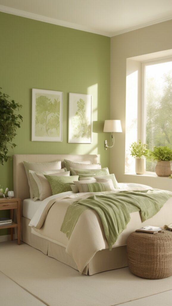 Green bedroom decor, Beige upholstered bed, Neutral color palette, Earthy bedroom design, Serene bedroom oasis