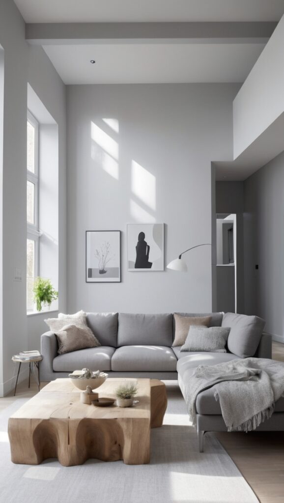 gray living room decor, modern gray decor, minimalist home design, chic gray interior, elegant gray room