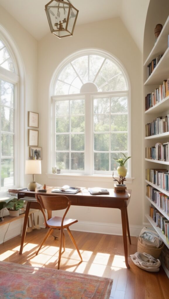 home decor, home office setup, office furniture, library design, workspace organization