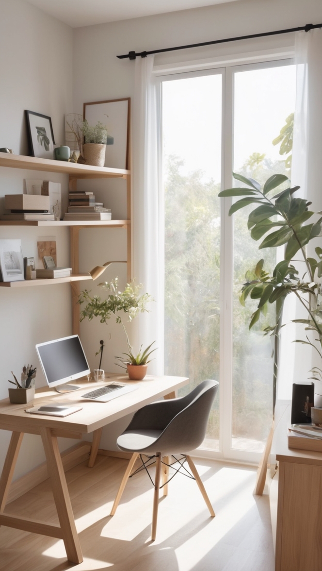 japanese inspired furniture, minimalist office desk, scandinavian home office, modern home workspace, zen work station 