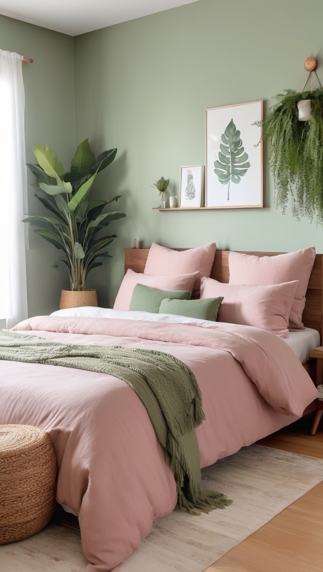 light green bedroom decor, sage green bedroom ideas, calming bedroom paint colors, minimalist bedroom design, peaceful bedroom color scheme