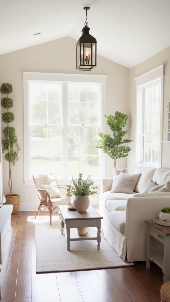 minimalist interior design, modern farmhouse decor, simple living room, rustic home decoration, clean design style 