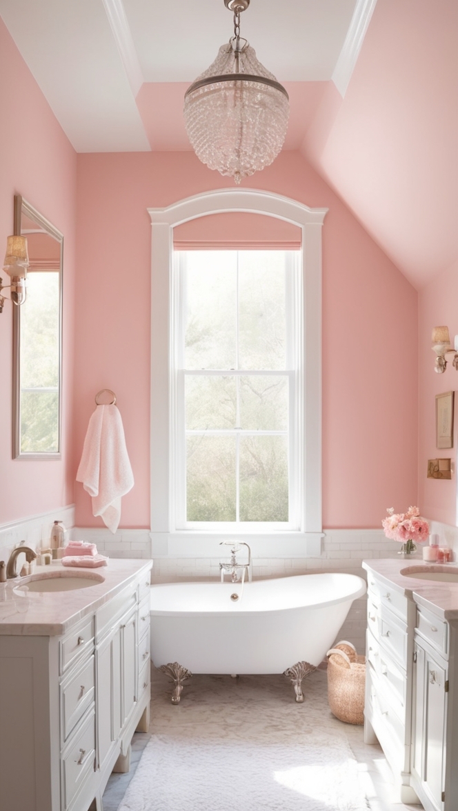 pink bathroom decor, white bathroom tiles, modern pink bathroom, elegant white bathroom, pink and white bathroom accessories