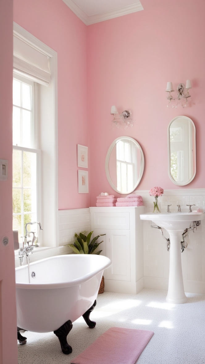 pink bathroom decor, white bathroom tiles, modern pink bathroom, elegant white bathroom, pink and white bathroom accessories 