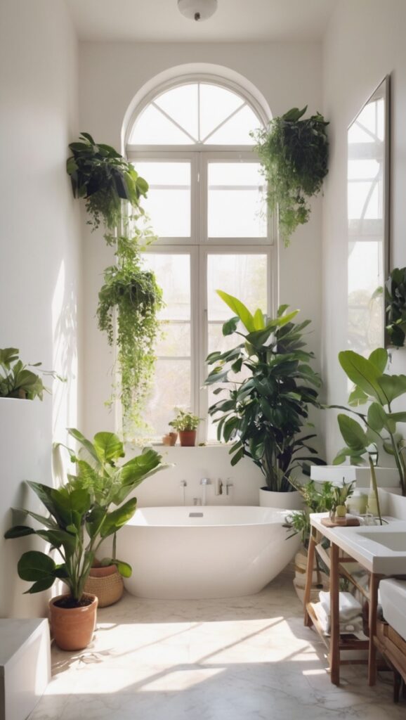 green bathroom decor, modern bathroom plants, tropical bathroom design, indoor bathroom plants, zen bathroom decoration