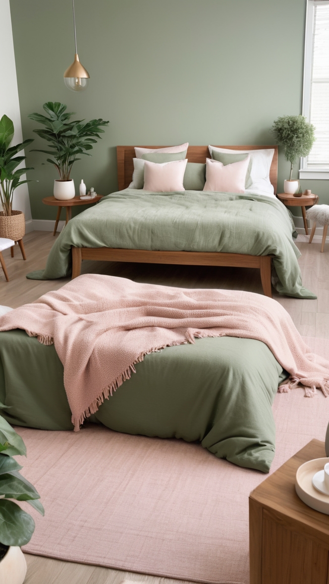 sage green bedding, beige bedroom decor, sage green curtains, beige throw pillows, sage green accent wall