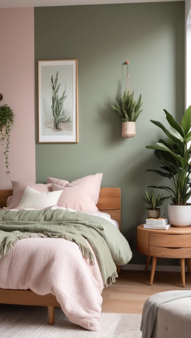 sage green bedding, beige bedroom decor, sage green curtains, beige throw pillows, sage green accent wall 