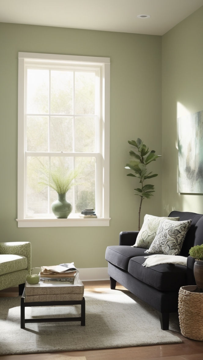 sage green sofa, sage green paint, sage green decor, sage green curtains, black furniture