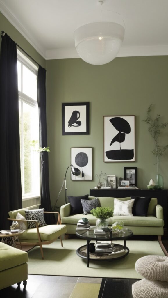 sage green sofa, sage green paint, sage green decor, sage green curtains, black furniture