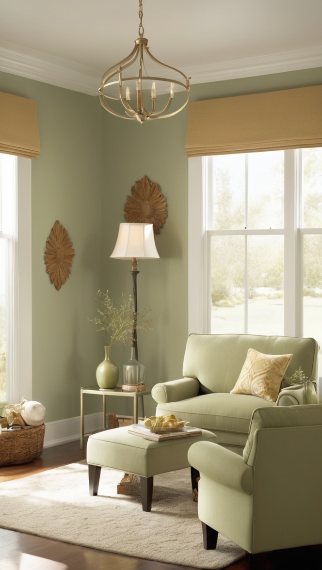 sage green sofa , gold accent wall , luxurious living room decor , designer green velvet couch , elegant gold furniture