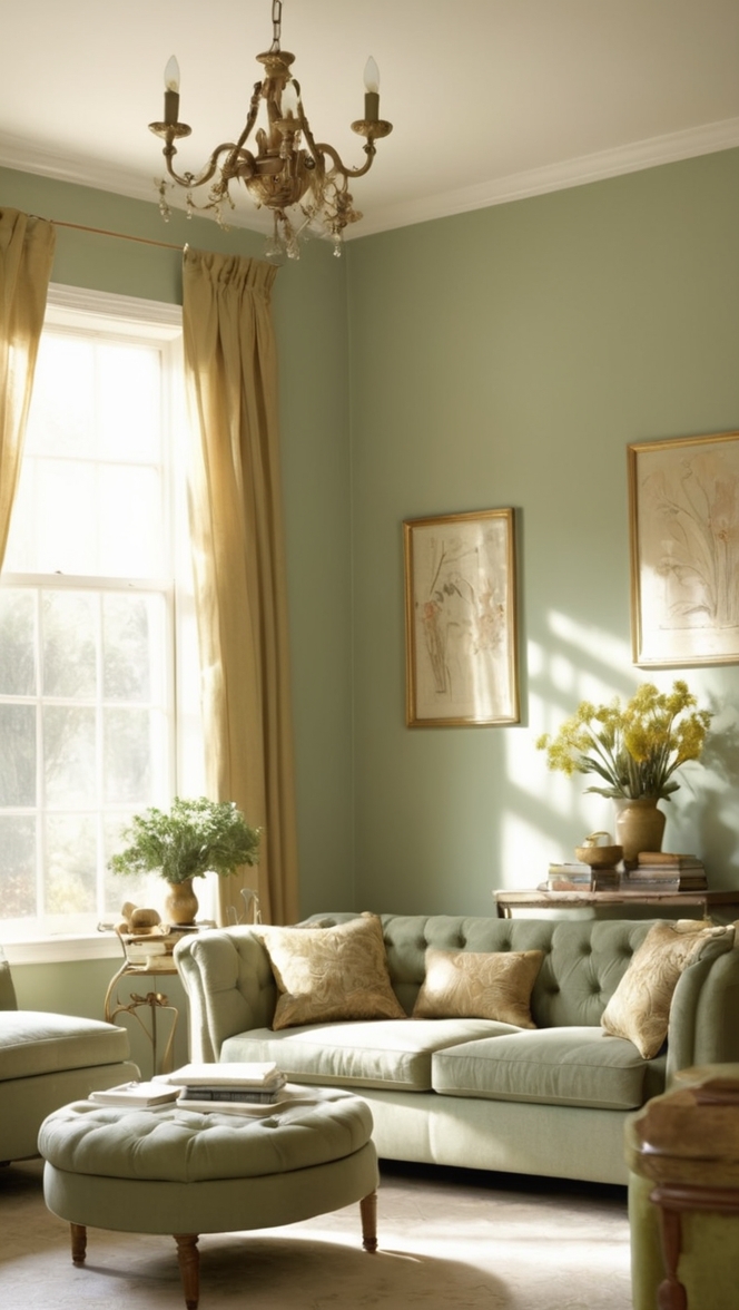 sage green sofa , gold accent wall , luxurious living room decor , designer green velvet couch , elegant gold furniture 