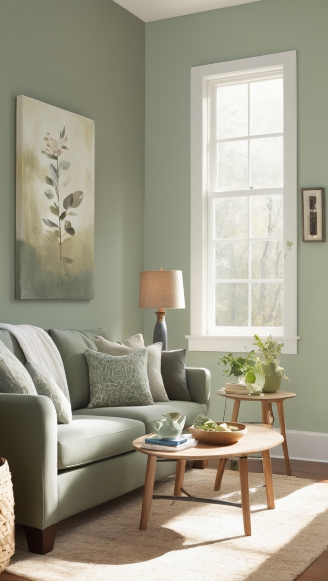 sage green sofa, gray wall paint, living room decor, green curtains, gray furniture
