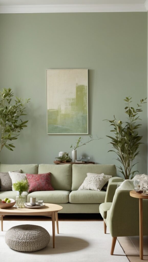 sage green sofa, gray wall paint, living room decor, green curtains, gray furniture