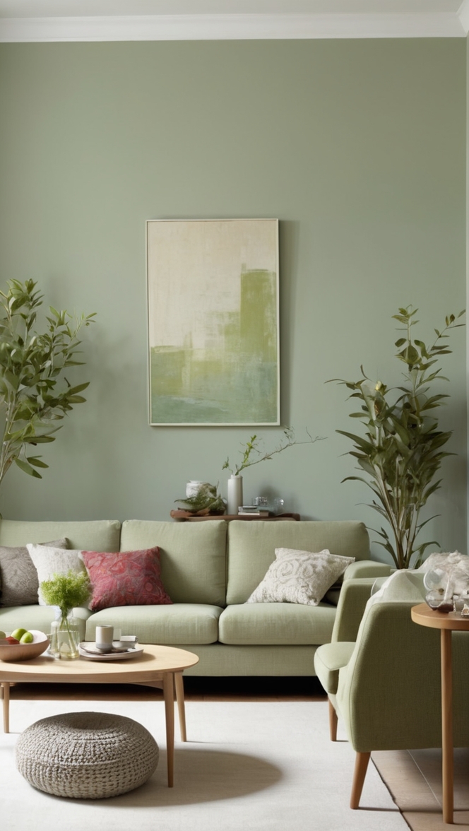 sage green sofa, gray wall paint, living room decor, green curtains, gray furniture 