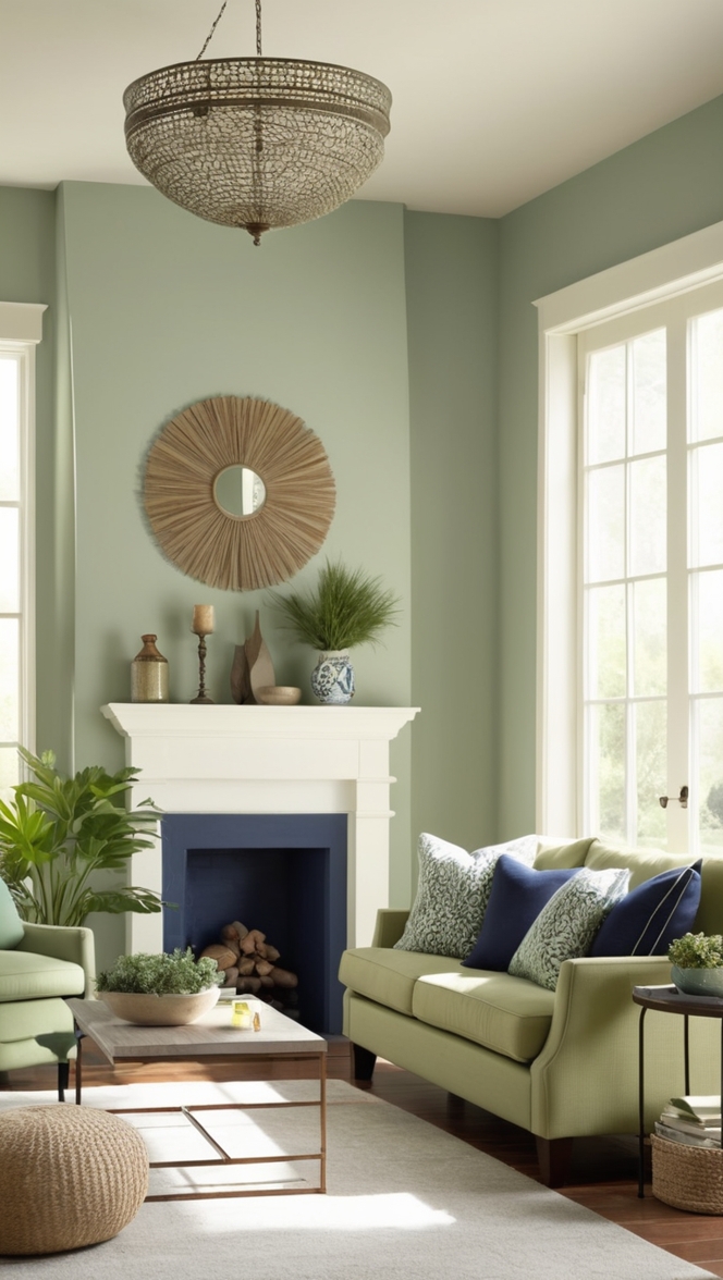 sage green sofa, navy accent wall, cozy modern living room, earthy color palette, contemporary home decor