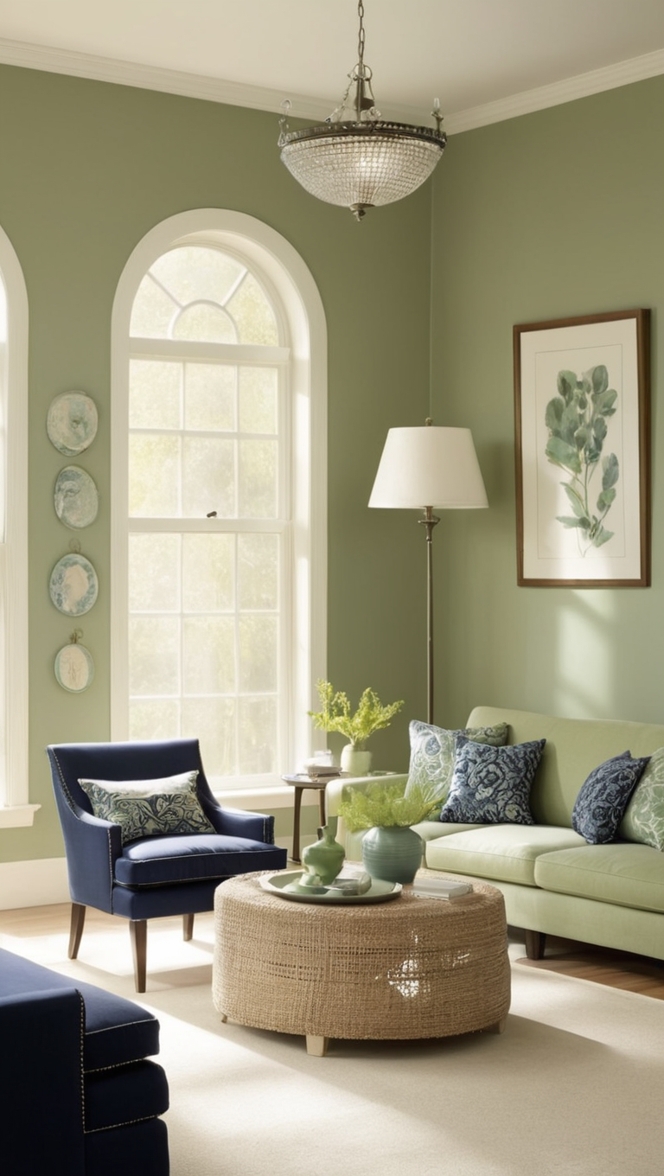 sage green sofa, navy accent wall, cozy modern living room, earthy color palette, contemporary home decor 