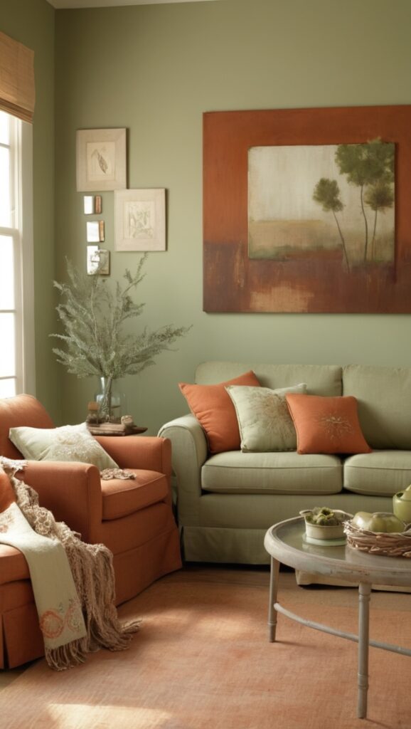 sage green sofa, sage green walls, rust colored curtains, living room decor, earthy color palette
