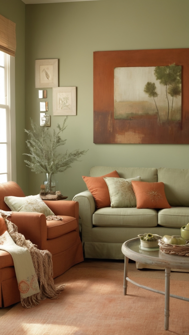 sage green sofa, sage green walls, rust colored curtains, living room decor, earthy color palette 